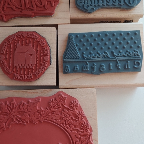 Wooden Merry Christmas Happy Holiday Rubber Stamps Lot Of 7 Assorted - Picture 7 of 7